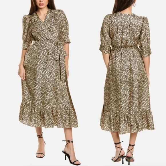 Sandro Enrika Floral Midi Dress Size 38 FR US Size 6 Beige Silk Wrap Dress - Picture 16 of 17